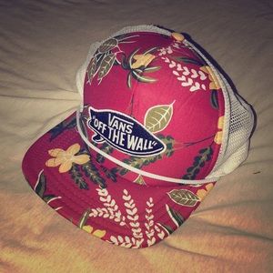 Vans red and white trucker hat with floral pattern